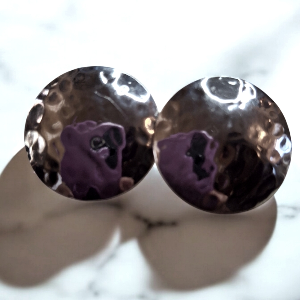 Vintage Sterling Silver 925 Hammered Earrings Large Sterling Hammered Round Dome 59$